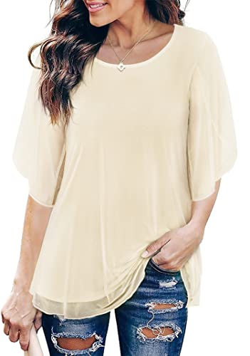 Sese Code Women's Half Sleeve Boat Neck Chiffon Work Blouse, Beige Formal Top, Casual Fall Tunic L #TOP4