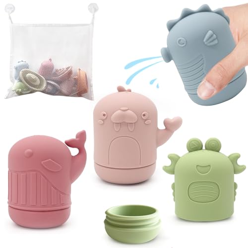 LYNSAN Badewannenspielzeug, 4 Stück Badespielzeug Baby mit Aufbewahrungstasche, Badewanne Spielzeug Spritztiere, Wasserspielzeug Geschenke für Babys Kleinkinder Jungen Mädchen ab 6 Monate 1 2 3 Jahr