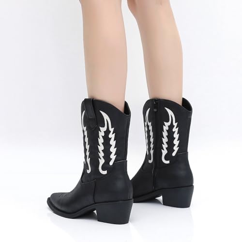 Image of GLOBALWIN Women's Square Toe Cowgirl Boots Classic Mid-Calf Cowboy Boots With Embroidered Stitching Low Heel Comfortable Western Boots For Country Outfits