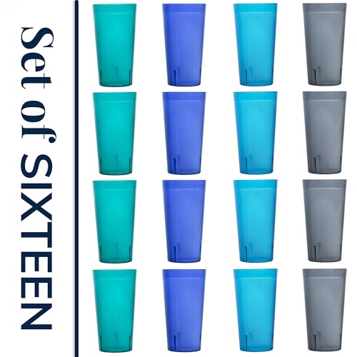 US Acrylic Cafe Plastic Reusable Tumblers (Set of 16) 20-ounce Water Cups Coastal Colors | Restaurant Style Drinking Glasses Value Set, Stackable, BPA-free, Made in the USA | Top-rack Dishwasher Safe