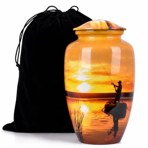 Image of Fishing Cremation Urn for Human Ashes - Large Urn for Adult Male or Female, Holds Up to 200 lbs - Yellow Memorial Urn with Black Velvet Bag