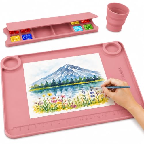 Image of Svartur Silicone Painting Mat with Removable Paint Palette and Cup, Coral Pink