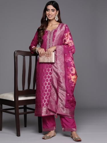 Image of Libas Women's Woven Design Silk Blend Straight Kurta With Palazzos & Dupatta