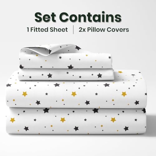 Image of LORETO - A QUALITY LINEN BRAND 210 TC 100% Pure Cotton Double /Queen Fitted Bedsheet with 2 Pillow Covers for 78 x 60 Inch Mattress, All-Around Elastic, 8 Inch Deep Pocket, Black & Gold Stars