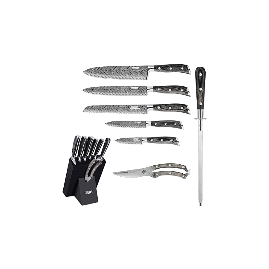 Chef Knife Set, Karcu Professional 8-Piece German High Carbon Stainless Steel Kitchen Knife Block Sets with Sharpener, Black