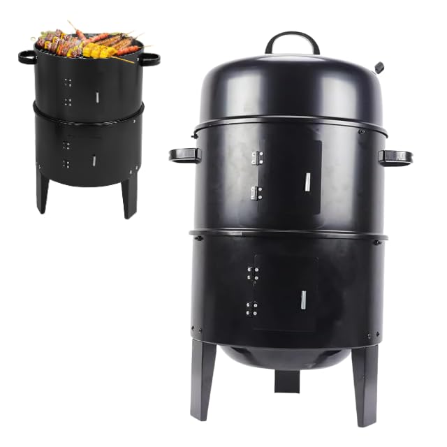Horno para ahumar, barril para ahumar, barbacoa, horno, ahumador, con termómetro, 84 cm, parrilla de carbón vegetal, regulador de ventilación, armario para ahumar, barbacoa, horno, ahumador para asar