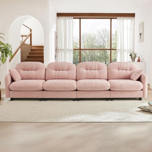 Image of KEIKI 140 inch Oversized Chenille Modular Sectional Sofa with High-Density Foam Cushion and Tufted Pleated Cushion Backrest, Upholstered Modern 4-Seater Cloud Couch with 2 Pillow, for Living Room, Pink