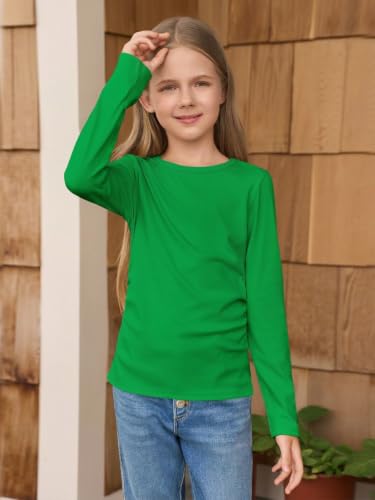 Image of Haloumoning Girls Long Sleeve Shirts Crewneck Ruched Side Slim Fit Tops Ribbed Knit Casual Tee Shirt 4-15 Years