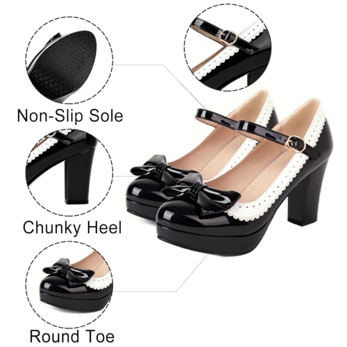 Image of FOREADA Lolita Bow Platform High Heel Women Rockabilly Mary Jane Dress Pump | Boasts soft kawaii retro vintage lolita tea party aesthetic, with block heel ,bow, round toe versatile style for dress wear