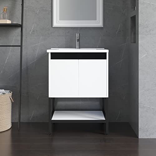 wonline 24” Bathroom Vanity with Ceramic Sink, Bathroom MDF Cabinet with White Wash Basin and Modern Design Chrome Faucet for Small Space