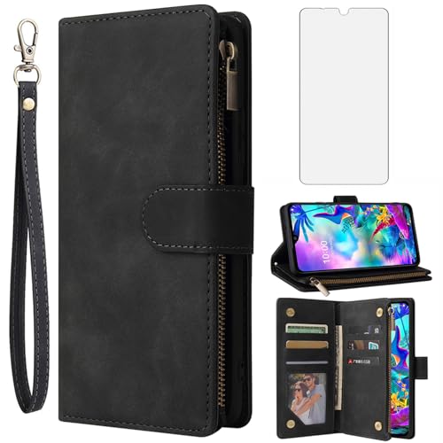Asuwish Handyhülle für LG G8X ThinQ Hülle mit Folie Schutzfolie & Kartenfach Klappbar Leder Geldbörse Ständer V50S Reißverschluss Handyhüllen Schutzglas Handy Hüllen Schutzhülle Phone Hülle Schwarz