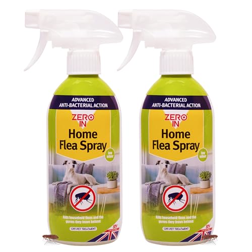 Zero In Anti-bacterial Flea Spray - Flea Treatment for House - Kills Fleas & Larvae Multi Pack x2 - Carpets Rugs Furniture & Pet Bedding Odourless & Solvent-Free - 500ml Spray