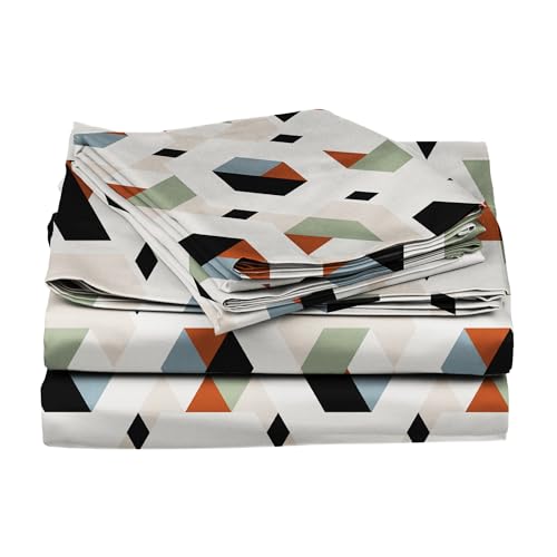 Image of BLISSHOME SoftTouch 150TC Cotton King Size Printed Bedsheet with 2 Pillow Covers for Double Bed, Silky Smooth Bedding Set, Breathable, Easy Maintain, Geometric Pattern - Cream (228cm X 274cm)