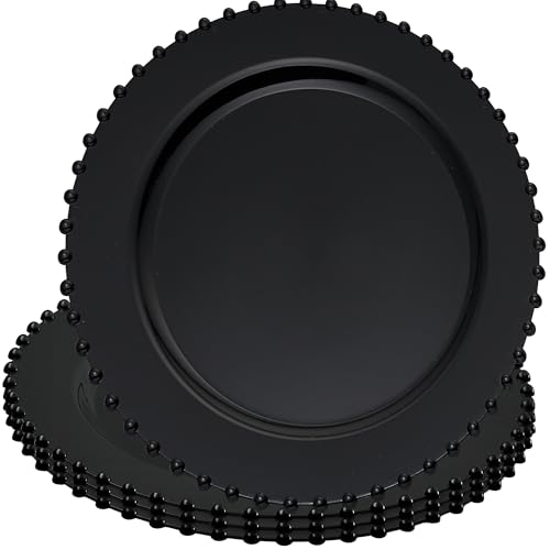 PLASTICPRO Black Plastic Charger Plates with Beaded Edge Pack of 4 13 Elegant Round Disposable Chargers for Weddings Events Parties and Dinners