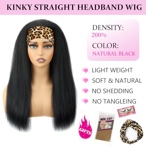 Image of Headband Wig Human Hair 12A Kinky Straight 14 Inch Yaki Straight Headband Wig 200% Density Glueless None Lace Front Wigs for Women Machine Made Wear and Go Wigs Headband Half Wigs Natural Color