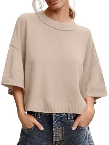 Saodimallsu Womens Short Sleeve Sweater Summer Oversized Cropped Sweaters Casual Crewneck...