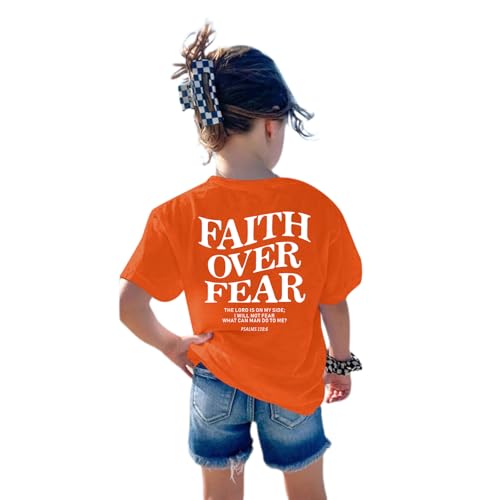 Image of Faith Over Fear Shirt Christian Jesus Tshirts for Girls Religious Inspirational Tees Bible Verse Tops for Kids 3-12