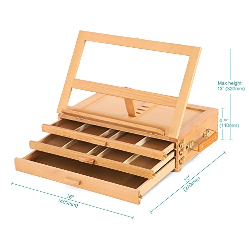 Viswin Large Adjustable 3 Drawer Storage Box Easel, Premium Beechwood Tabletop Sketchbox Easel, Portable Wood Artist Desktop Easel With Book Stand, Table Top Painting Easel For Adult, Artist, Student #TOP2