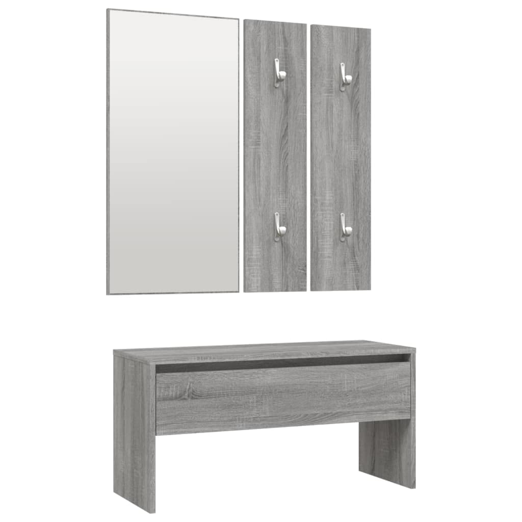 Juego de perchero gris Sonoma de madera 80 x 30,5 x 40 cm con espejo, caja de almacenamiento y jardinera, diseño moderno y robustez para pasillo, salón y dormitorio