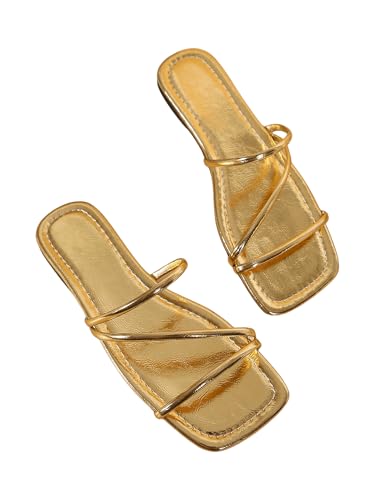 GORGLITTER Women's Metallic Strappy Flats Sandal Dressy Cute Open Toe Slip on Slides Summer Vacation Beach Sandals 2025