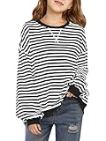Haloumoning Girls Striped Crewneck Sweatshirt Kids Long Sleeve Oversized Fashion Pullover Tops Fall Clothes 5-14 Years Black