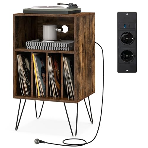 COSTWAY Meuble Tourne-Disque Vinyle avec Prise,Table d’Appoint avec Station de Charge,2 Prises,1 USB,1 Type-C,Pieds en Métal,Bout de Canapé,Support Tourne-Disque...