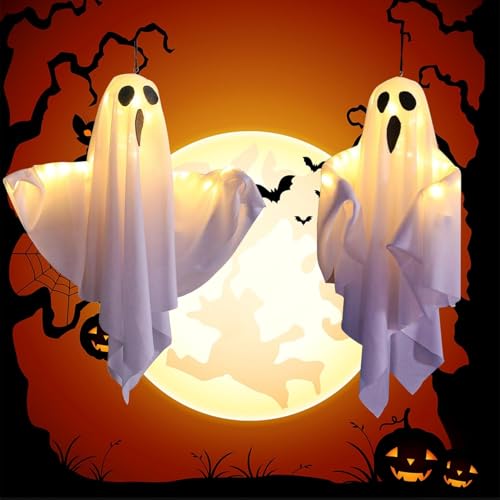 Lypumso Decoração de Halloween fantasma branco, 2 peças LED Halloween fantasmas pendentes com luzes, com 3 modos de iluminação, para exterior interior ornamentos casa, alpendre, jardim, pátio, árvore