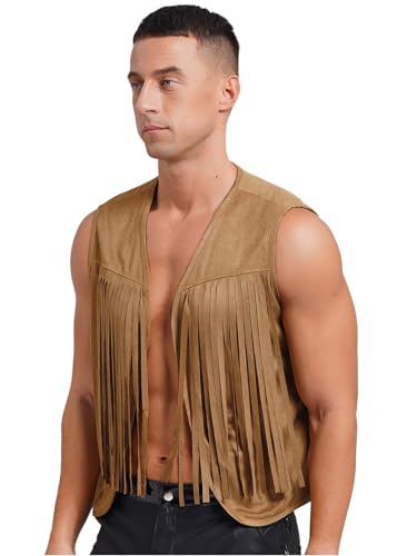 Jugaoge Men's Fringe Vest Waistcoat Open Front 70s Hippie Suede Tassel Jacket Western Cowboy Tops3