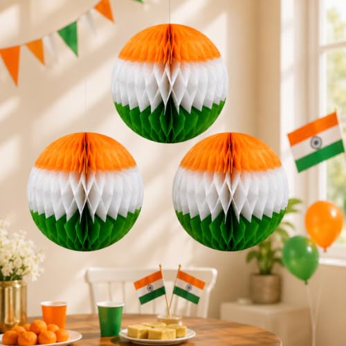 Image of Tricolor Honeycomb Paper Balls Decoration Set of 3 Hanging Paper Ball Decorations Reusable Hanging Decor for Independence Day, Republic Day, Home, Office, School & Party Decorations