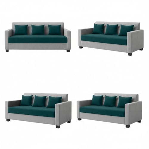 Image of FURNY Lexon 5 Seater Fabric 3+2 Sofa Set (Greenish Teal-Light Grey) Premium Velvet Finish | Durable & Comfortable | Ideal for Living Room