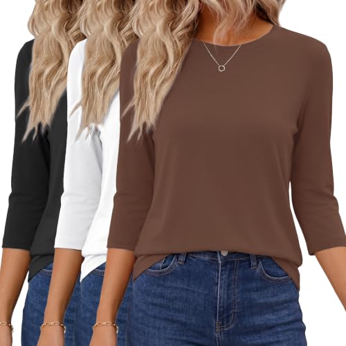 GAYHAY 3 Pack 3/4 Length Sleeve Womens Tops - Casual Crew Neck Summer T Shirts Spring Blouses Black White Brown 2026
