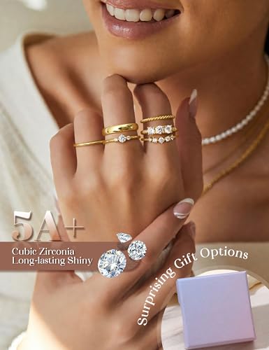 Besteel 14K Gold Plated Rings for Women - Non Tarnish Stackable Rings, Dainty Cubic Zirconia Thin Thumb Ring Set, Trendy Statement Promise Wedding Bands Engagement Rings for Women Size 6-103