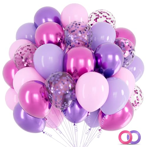 KAWKALSH Pink and Purple Balloons 68PCS 12 Inch Metallic Purple Pink Confetti Latex Balloons with Ribbon Party Balloons for Girls Birthday Baby Shower Wedding Party Decorations