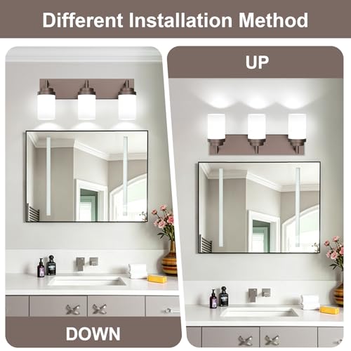 Image of Bathroom Light Fixtures, Oil Rubbed Bronze Bathroom Lighting Fixtures Over Mirror, Modern Vanity Light with White Glass Shade, Restroom Lighting Fixtures, 3-Light 22-inch