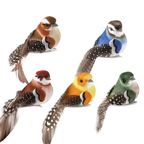 ChAusa 5 PCS Colorful Artificial Birds, Mini Fake Birds with Metal Clips, Soft Resin Bird Ornaments Simulation Foam Feather Birds DIY Crafts for Christmas Tree Party Home Garden