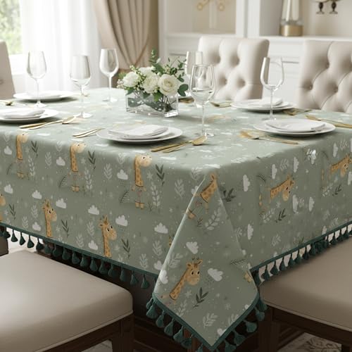 Image of LORETO - A QUALITY LINEN BRAND 100% Pure Cotton Table Cover with Boho Tassels (48 x 48 Inch) - Square Tablecloth for Square Dining Table, Sage Green Jungle Giraffe