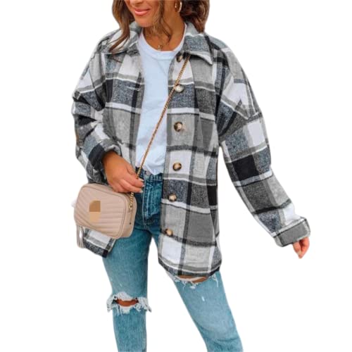 Womens Flannel Plaid Shirts Loose Fit Casual Button Down Lapel Long Sleeve Shacket Jacket Oversized Blouses Fall Coat
