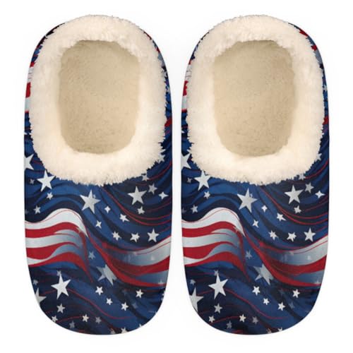 American Flag Slippers for Women Men, 4Th Of July Star Stripe House Slippers Socks Warm Fuzzy Memory Foam Indoor Slippers Lightweight Cozy Anti-Skid Closed Back Home Shoes, Medium