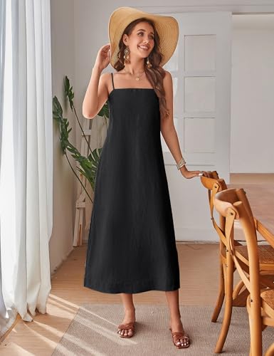 100% Linen Dress Square Neck Sleeveless Spaghetti Strap Summer Casual Midi Summer Dresses with Slit2