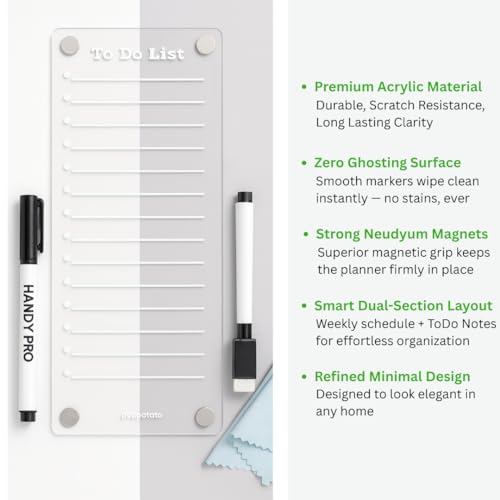 Image of Transparent Magnetic Acrylic Fridge Writing Board | Glass-Like Crystal Clear Planner & to Do List | Includes 2 Dry-Erase Markers & Cleaning Cloth | 24x10 cm