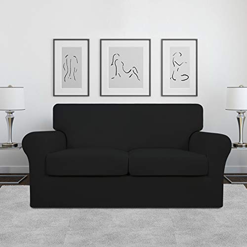 Image of Easy-Going 3 Pieces Stretch Soft Couch Cover for Dogs - Washable Sofa Slipcover for 2 Separate Cushion Couch - Elastic Furniture Protector for Pets, Kids (Loveseat, Black, Medium)