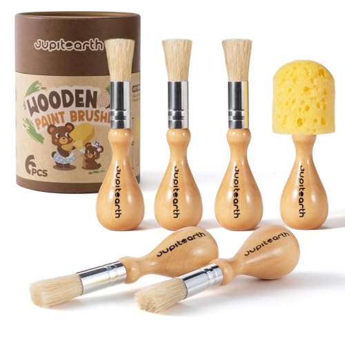 JUPITEARTH Jumbo Paint Brushes for Kids Easy Grip Round and Sponge Toddler Paint Brushes with Natural Wood Handles for Washable Paint and Acrylic Paint 6 Pcs