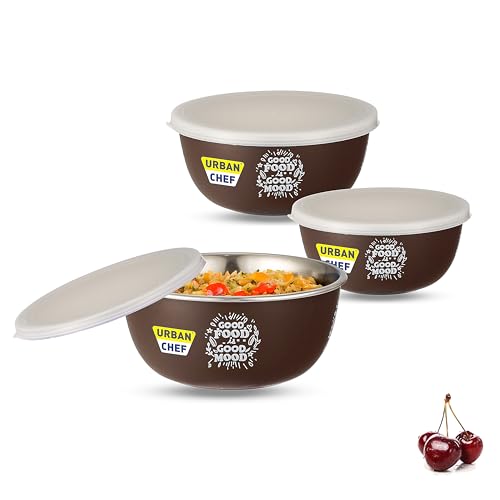 URBAN CHEF Mixing Bowl Set of 3 Stainless Steel (500ml, 800ml,1250ml) | Microwave Safe & Dishwasher Safe | Bowl Set with Lid | Bowl Set for Gift | Bowls for Snacks | Serving Bowls Kitchen Accessories