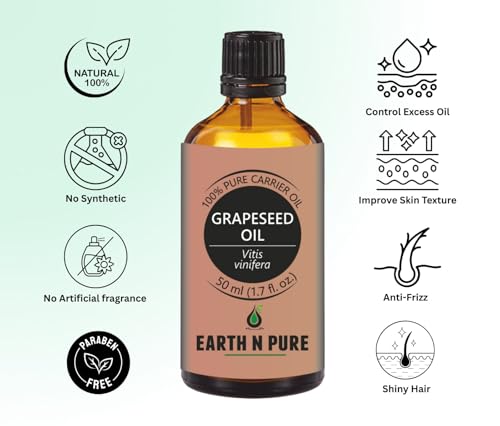 Image of Earth N Pure Grapeseed Oil | 100% Pure & Natural | Cold Pressed Carrier Oil | Lightweight & Fast-Absorbing | For Skin, Hair & Massage | 50ml