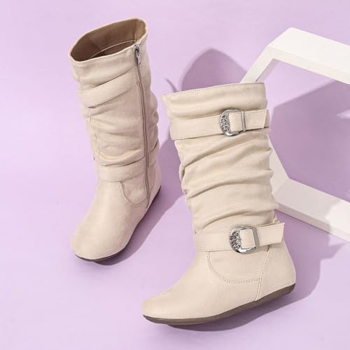 IWIHMIV Girls Boots Mid-calf Suede Boots High-Top Casual Flat Bottomed Round Toe Booties with Side Zipper3