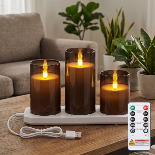 Image of Homemory Gray Rechargeable Flameless Candles with Remote Timer, Set of 3