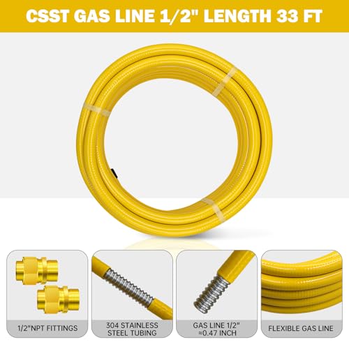 33ft Corrugated Stainless Steel Gas Line, 2 Male Fittings for Natural & Propane Gas