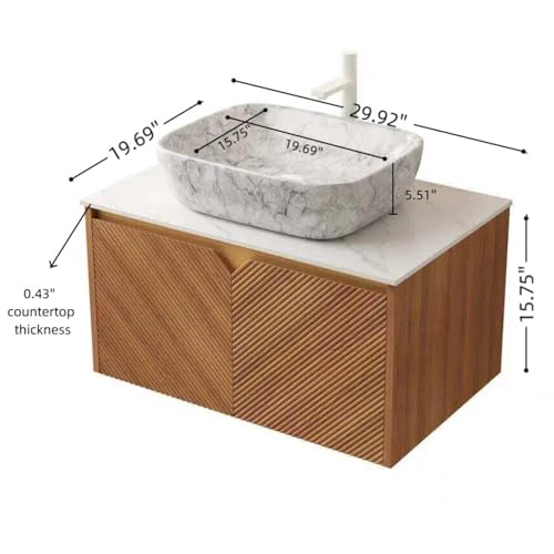Image of Floating Bathroom Vanity with Sink, 30 inch Bathroom Storage Cabinet with Sintered Stone Countertop & Marble-Pattern Ceramic Basin, Wall-Mounted Vanity with 2 Twill Pattern Doors, Brown Oak