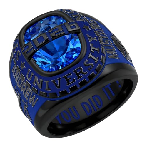 Lypic Personalized Class Ring for Men 925 Silver Sterling Black High School Rings with Birthstone Customized Graduation Ring for Men (Black Fluted Blue) 02