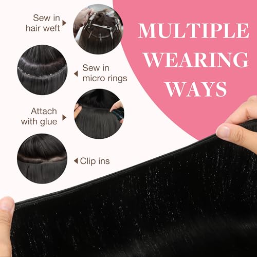 Image of GOO GOO Sew in Hair Extensions Real Human Hair, Weft Hair Extensions Human Hair, 1B Natural black 20inch 100g, Weft Bundles Straight Silky Remy Hair